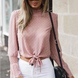 Pink Swiss Dot Boho Romantic Tie Front Top
